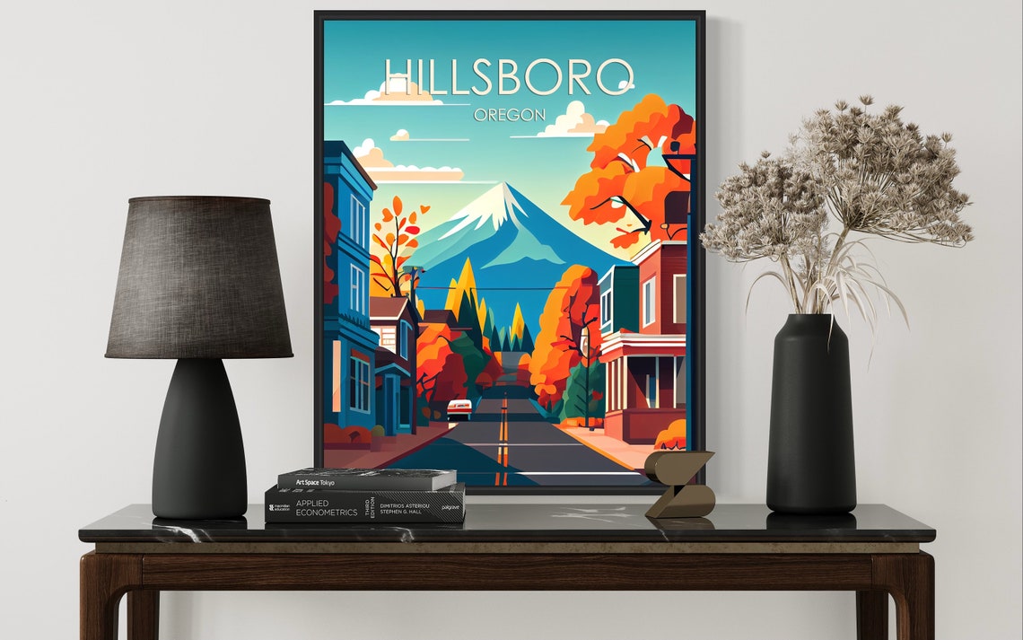 Hillsboro Oregon Autumn Street Snow Capped Mountain Backdrop Poster - Image 2
