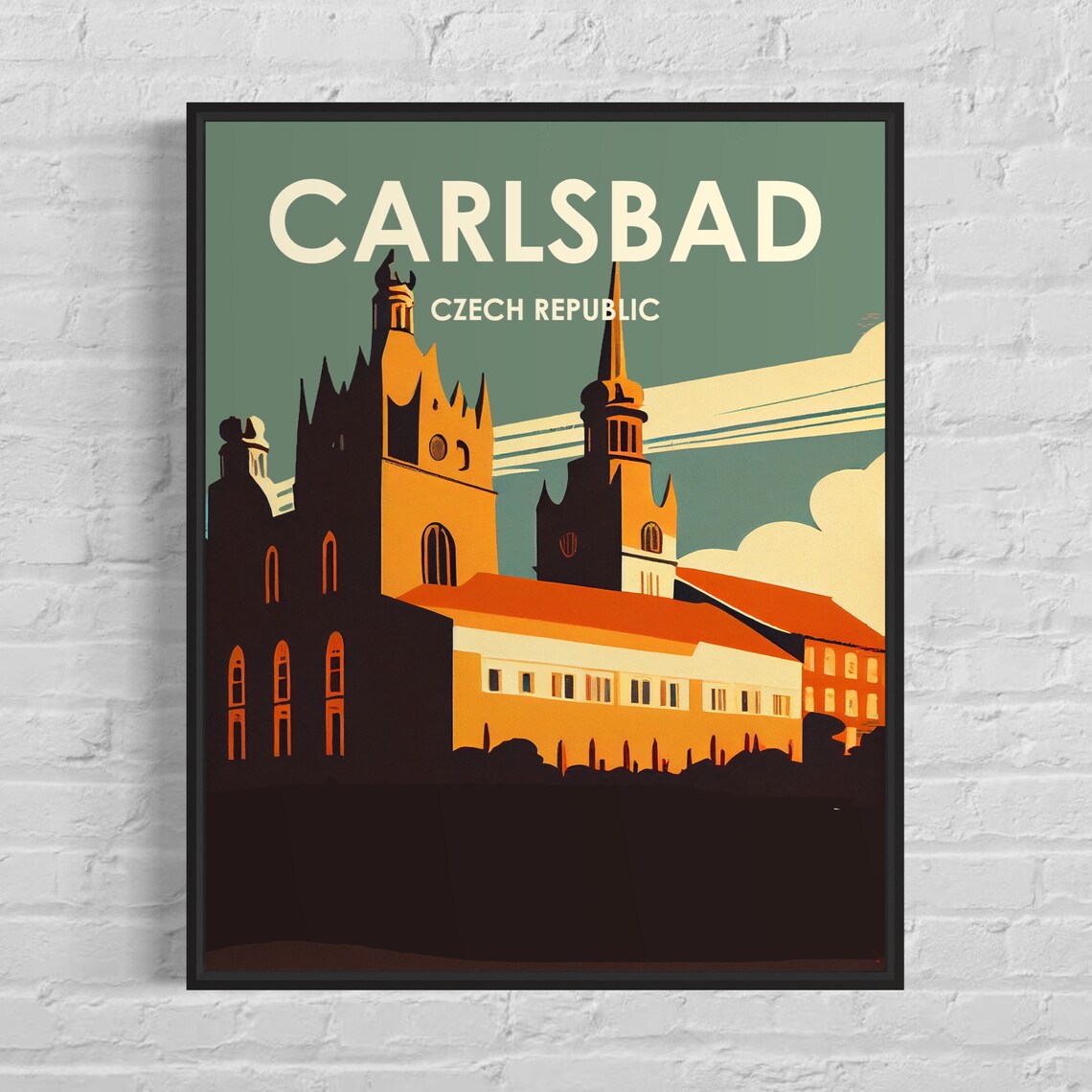 Carlsbad Czech Republic Gothic Church Silhouette Retro Travel Poster