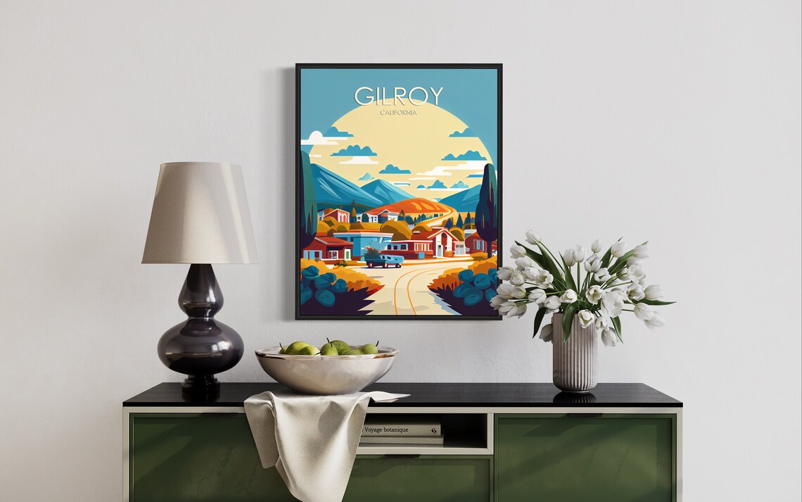 Gilroy California Rolling Hills Town Giant Golden Sun Art Poster - Image 3