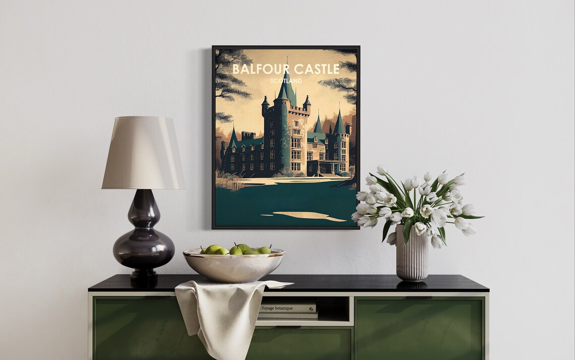 Balfour Castle Scotland Twilight Dusk Retro Travel Scene Poster - Image 2