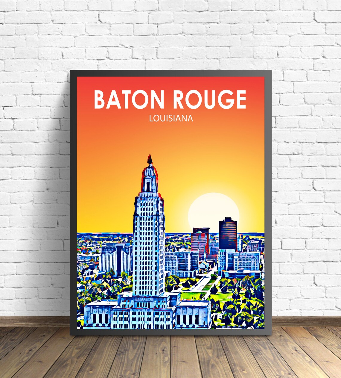 Baton Rouge Louisiana Sunset Art Deco Capitol Tower Skyline Poster