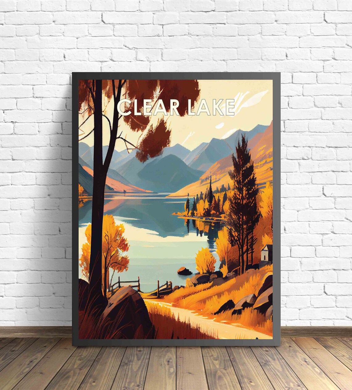 Clear Lake California Autumn Lakeshore Foliage Retro Travel Poster