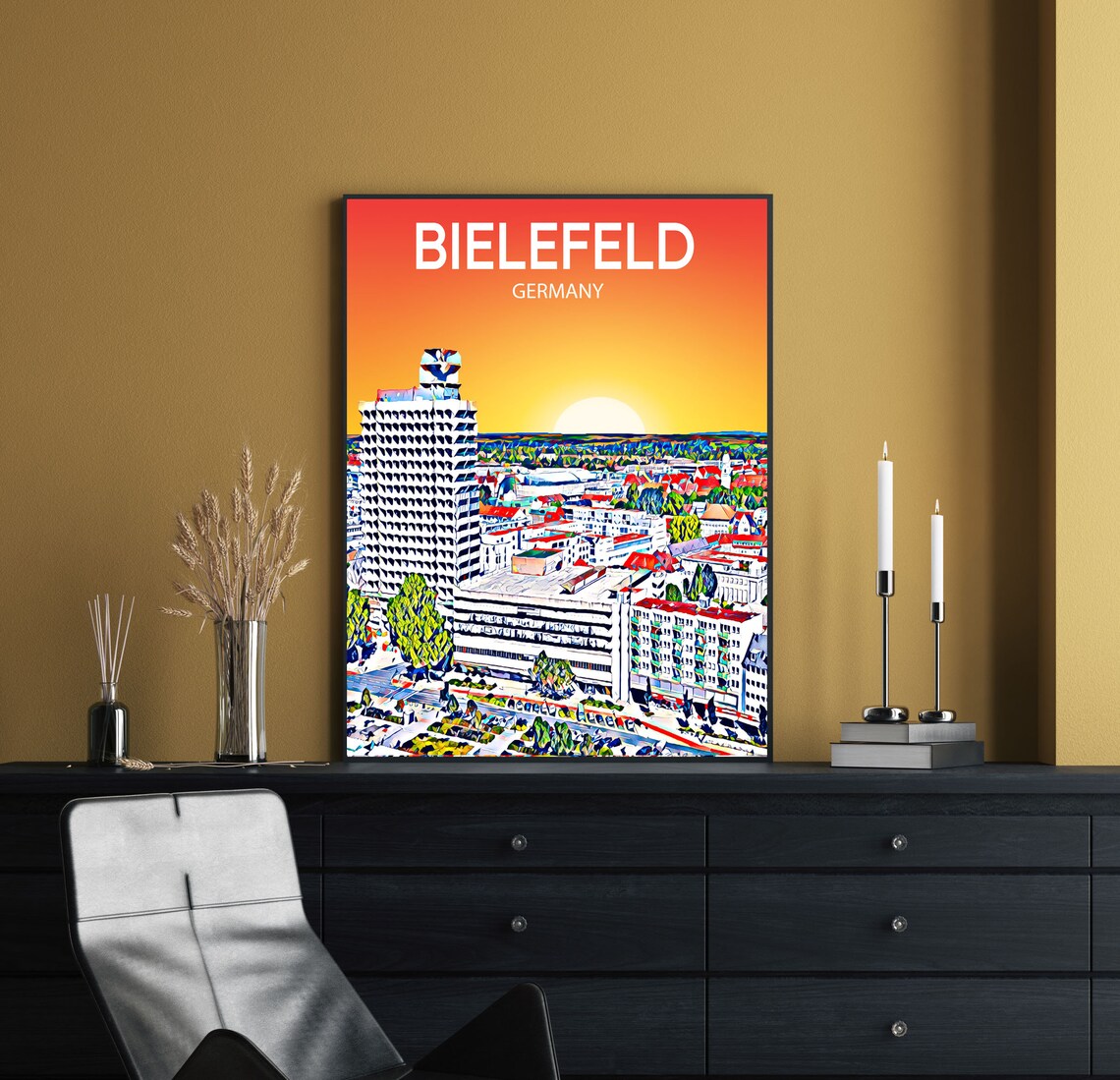 Bielefeld Germany Sunset Skyline Tower Sketch Travel Poster Art - Image 2
