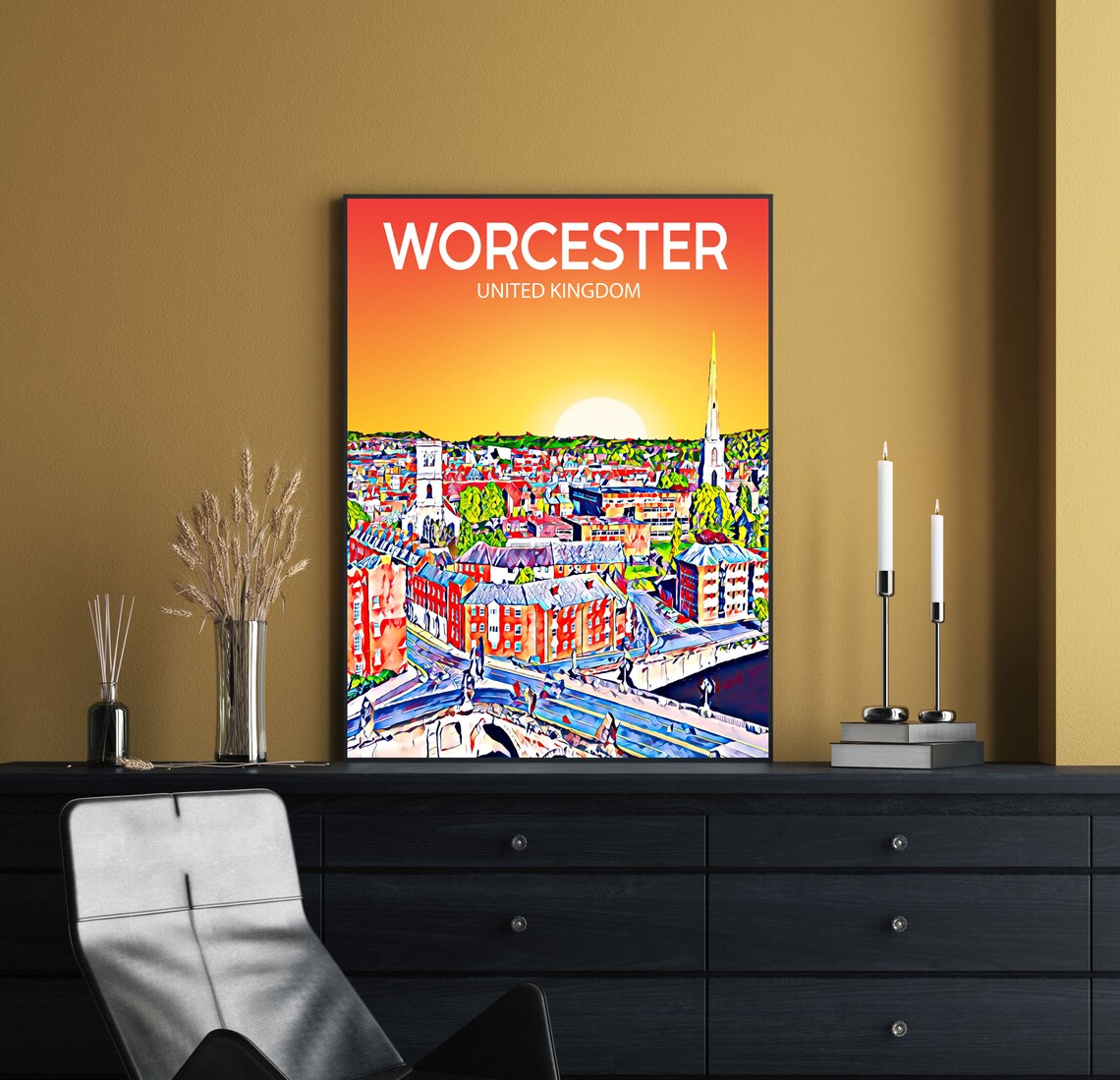 Worcester England Sunset City Skyline Panorama Pop Art Poster - Image 2