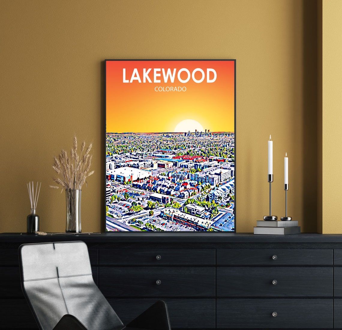 Lakewood Co Art Poster Colorado Sunset Landscape Poster Print Lakewood City Framed Wall Art Colorful Skyline Sketch Photo - Image 2