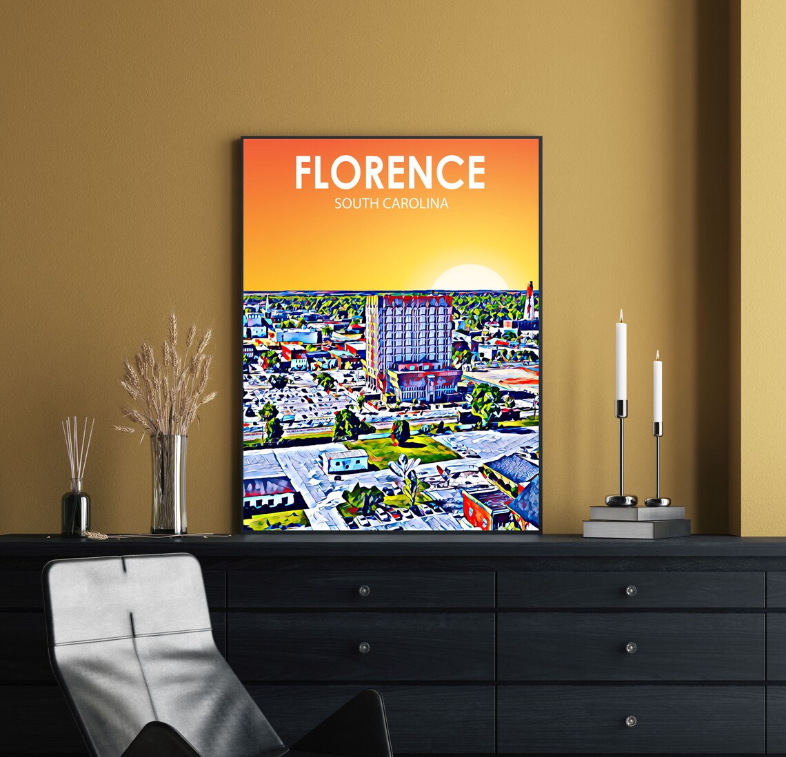 Florence South Carolina Sunset Cityscape Sketch Travel Poster - Image 2