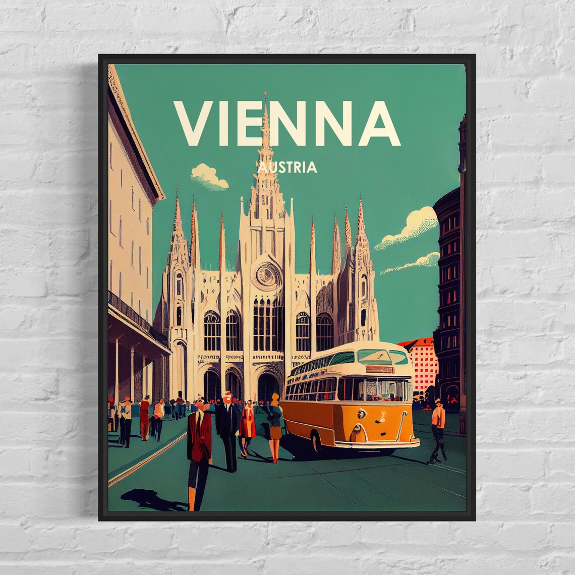 Vienna Austria Vintage Cathedral Lively City Square Bus Poster