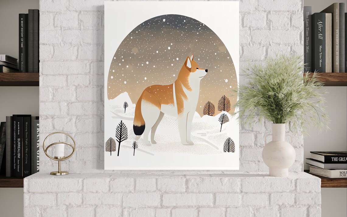Shiba Inu in a Snowy Night Landscape Under a Starry Sky Art Poster - Image 3