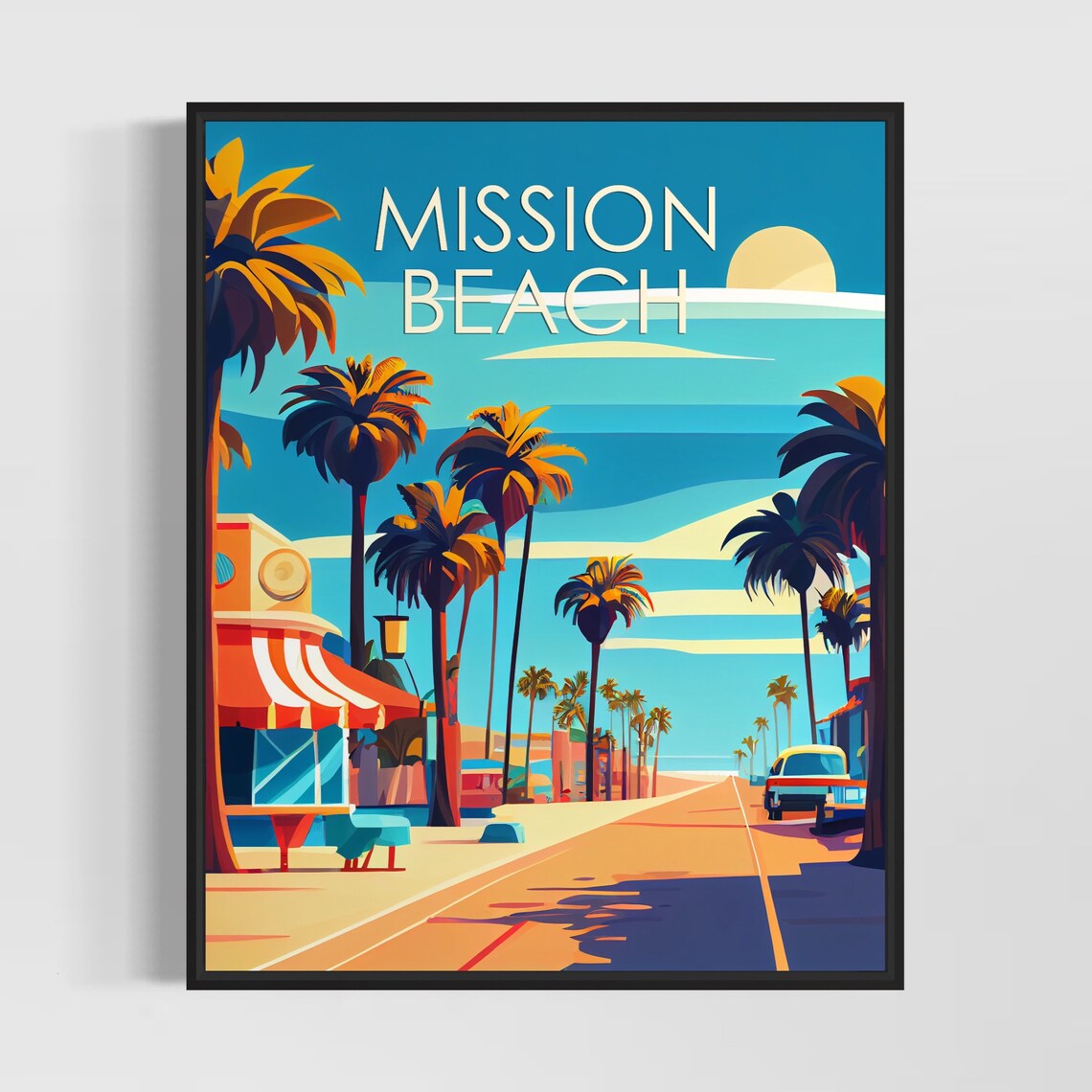 Mission Beach California Boardwalk Palm Sunset Travel Poster