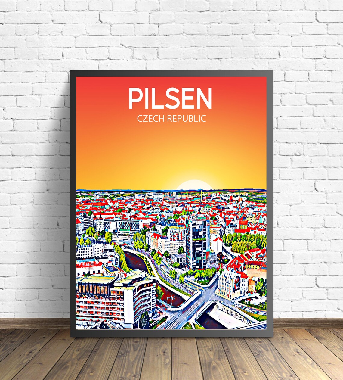 Pilsen Czech Republic Old Town Sunset Cityscape Travel Poster
