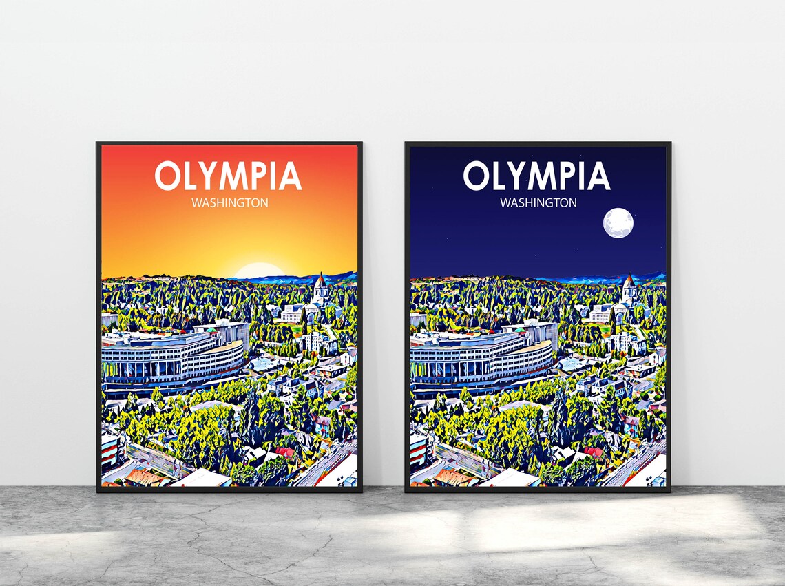 Olympia Washington Sunset Aerial Capitol Dome Skyline Art Poster - Image 3