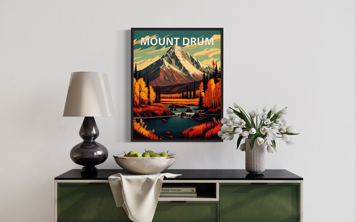 Mount Drum Alaska Snowy Peak Autumn River Retro Vintage Travel Poster - Image 3