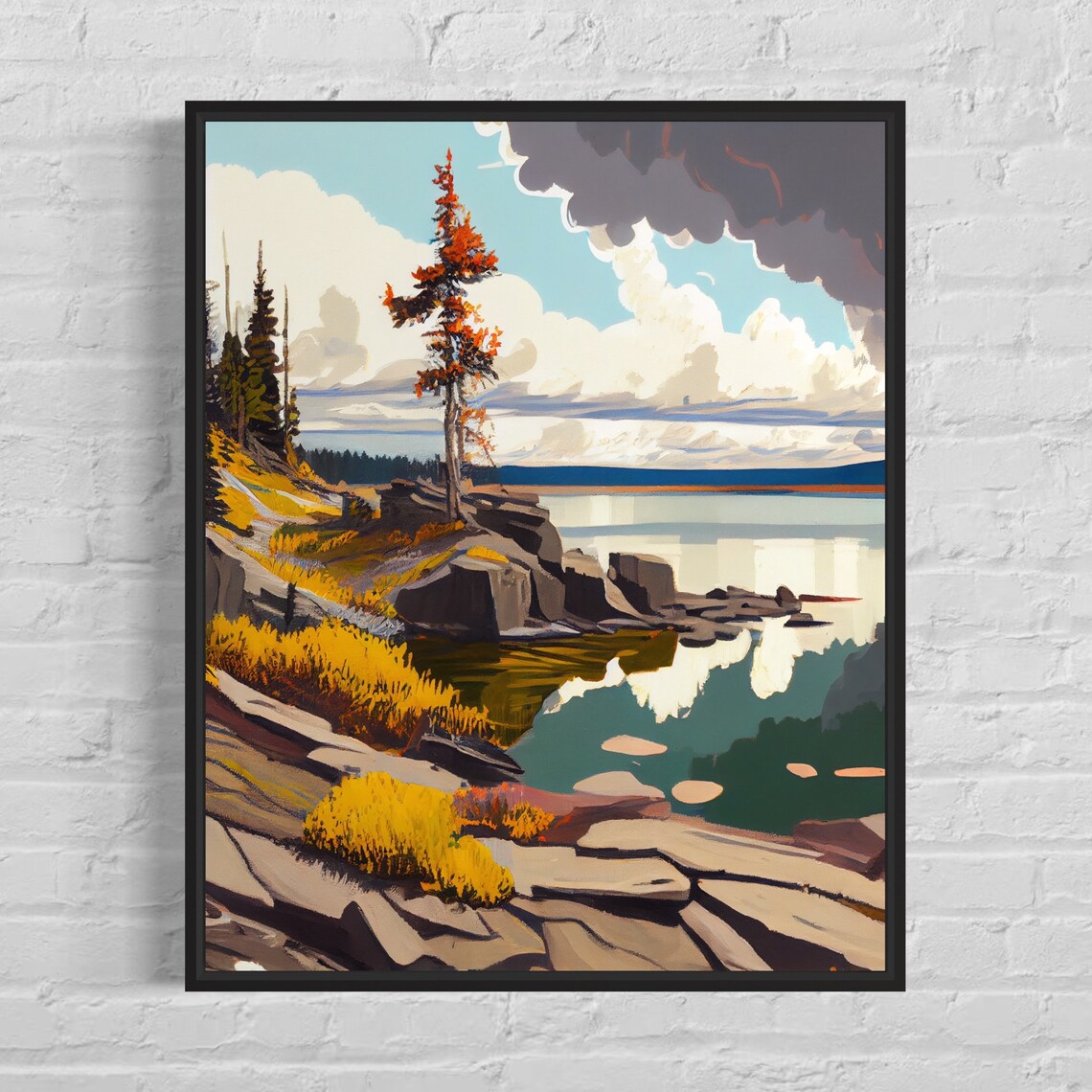 Autumn Lakeside Rocky Shore Golden Trees Vintage Style Poster