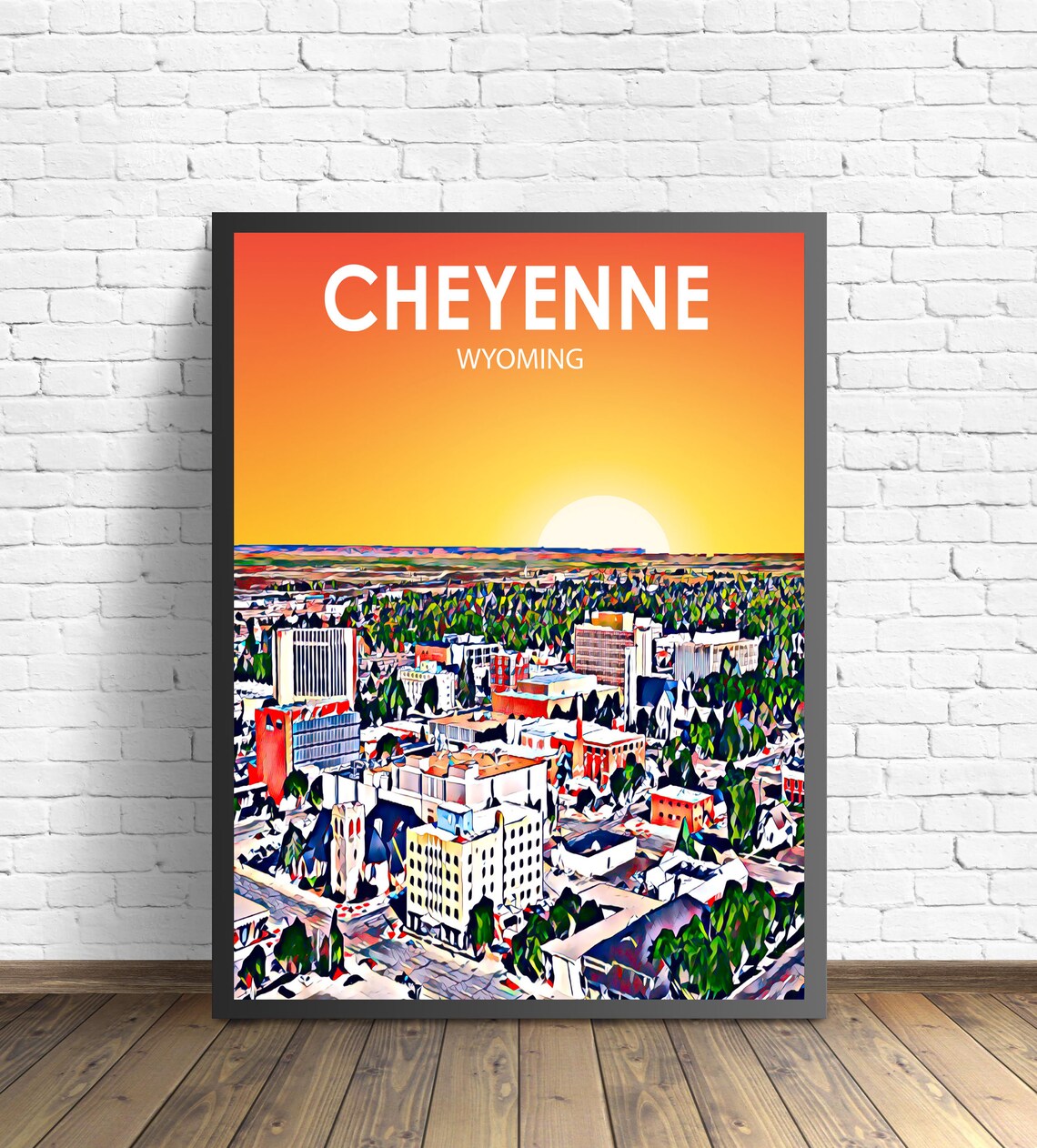 Cheyenne Wyoming Sunset Downtown Colorful Aerial Skyline Poster