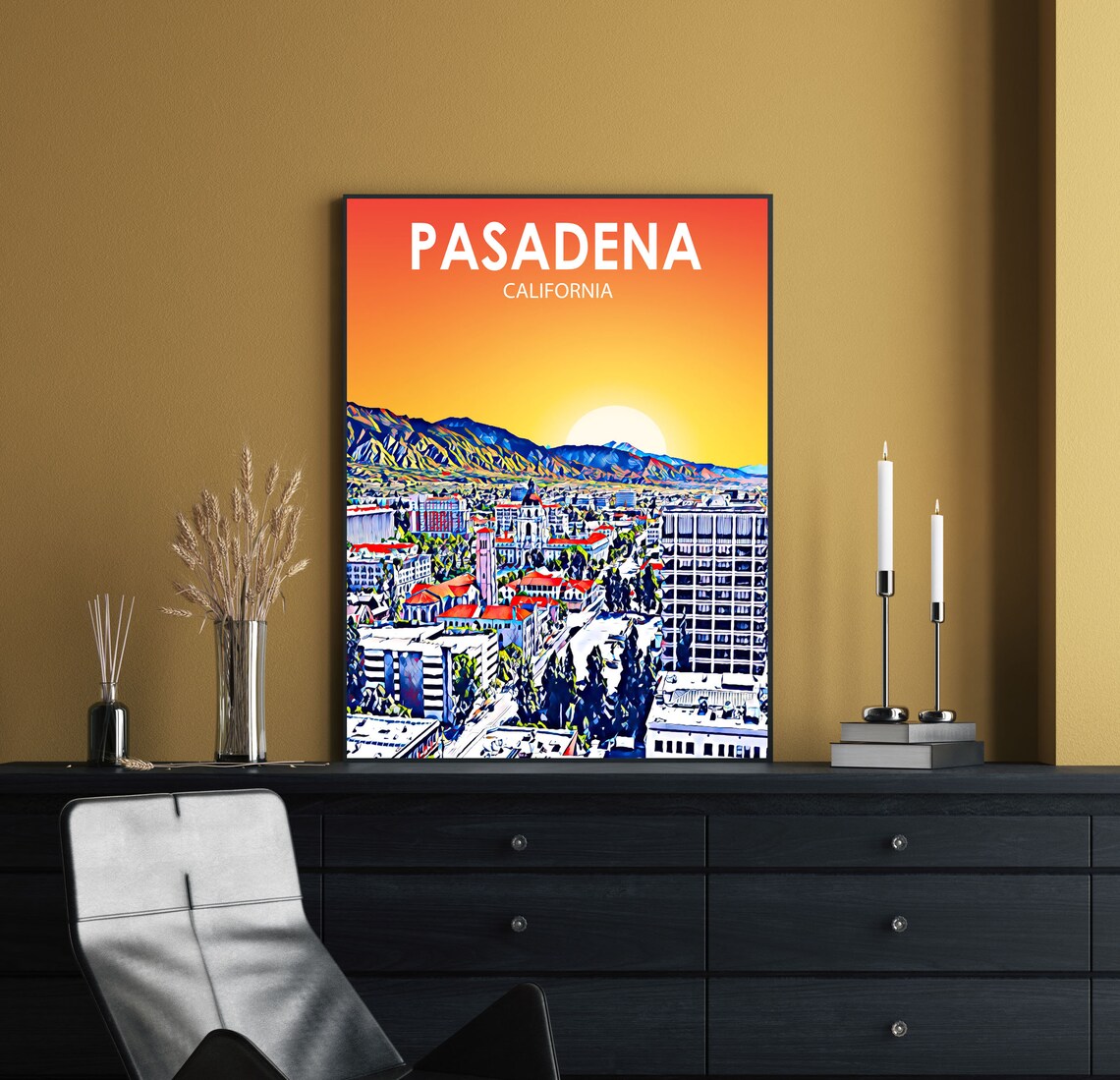 Pasadena California Colorful Sunset Skyline City Travel Poster - Image 2