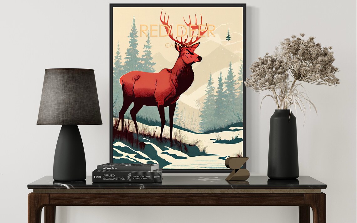 Red Deer Canada Winter Stag Pine Forest Wildlife Travel Poster - Image 3