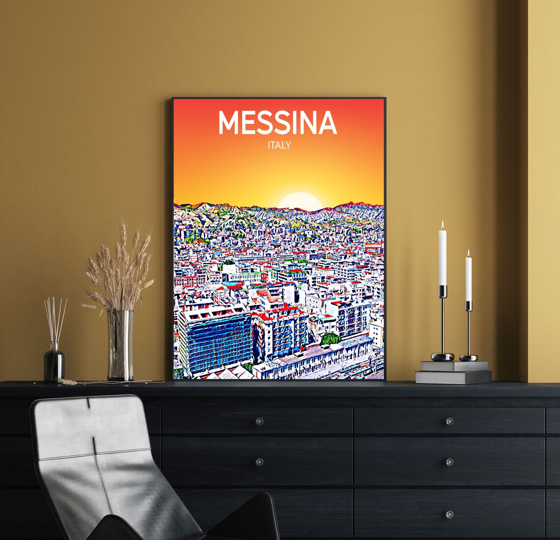 Messina Sicily Italy Harbor Sunset City Skyline Travel Poster - Image 2