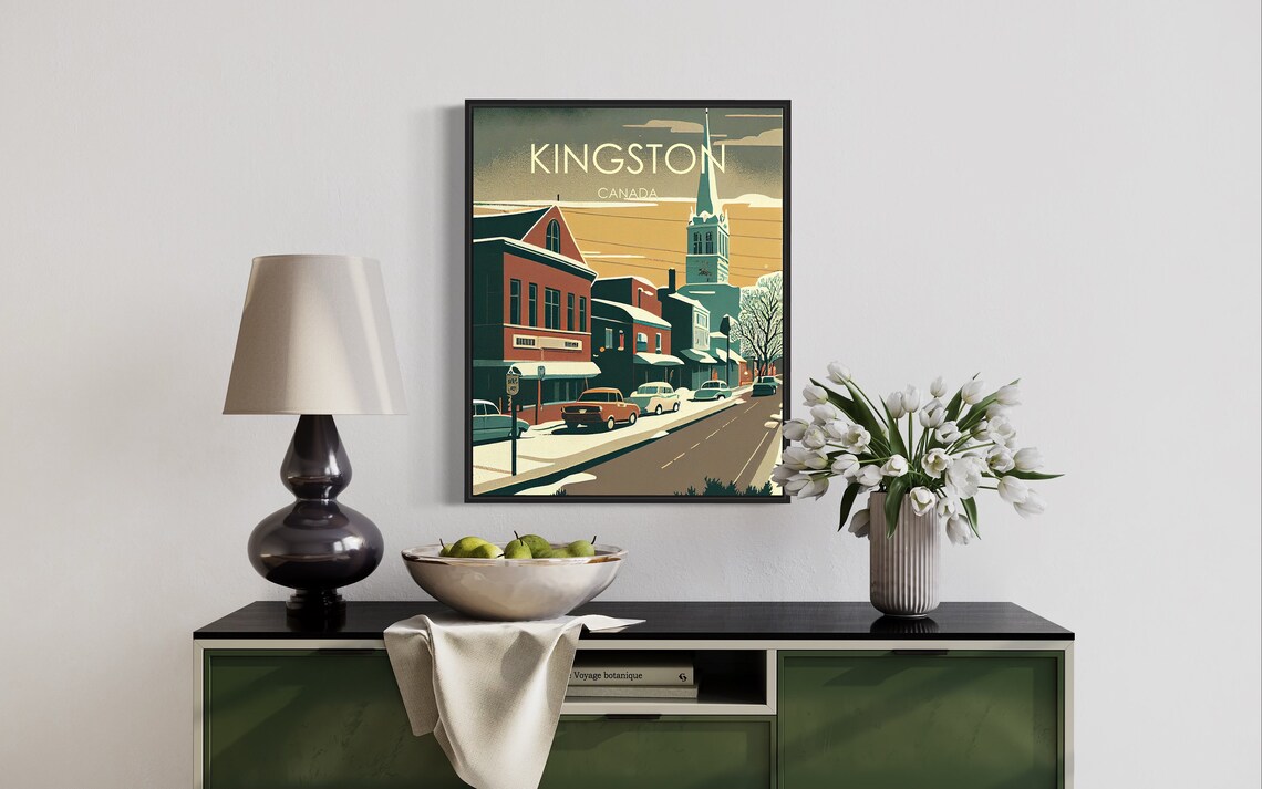 Kingston Canada Snowy Main Street Church Spire Retro Travel Poster - Image 3