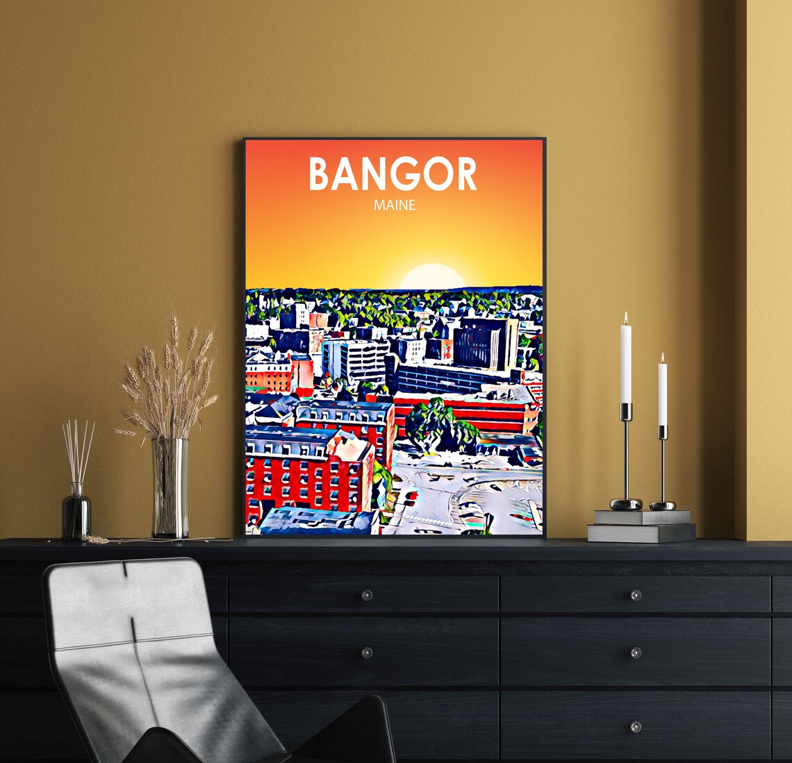 Bangor Maine Art Poster Sunset Night Landscape Poster Print Bangor City Framed Wall Art United States Colorful Skyline Sketch Home Decor - Image 2