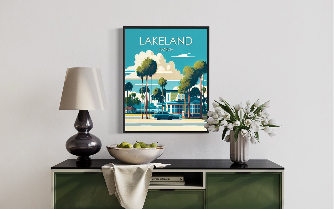 Lakeland Florida Retro Palm Tree Vintage Street Scene Travel Poster - Image 3