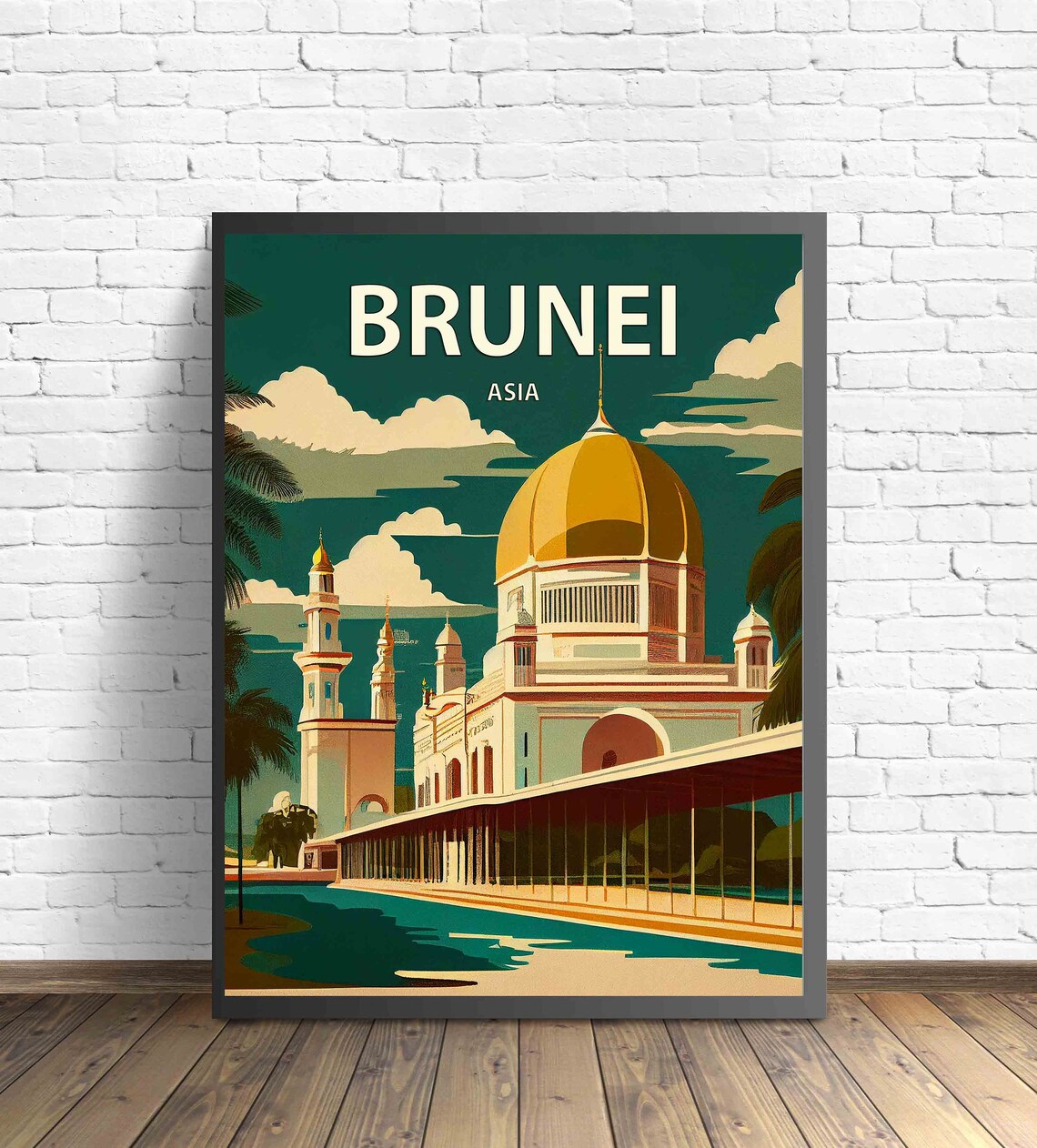 Brunei Asia Golden Dome Mosque Vintage Travel Poster Artwork