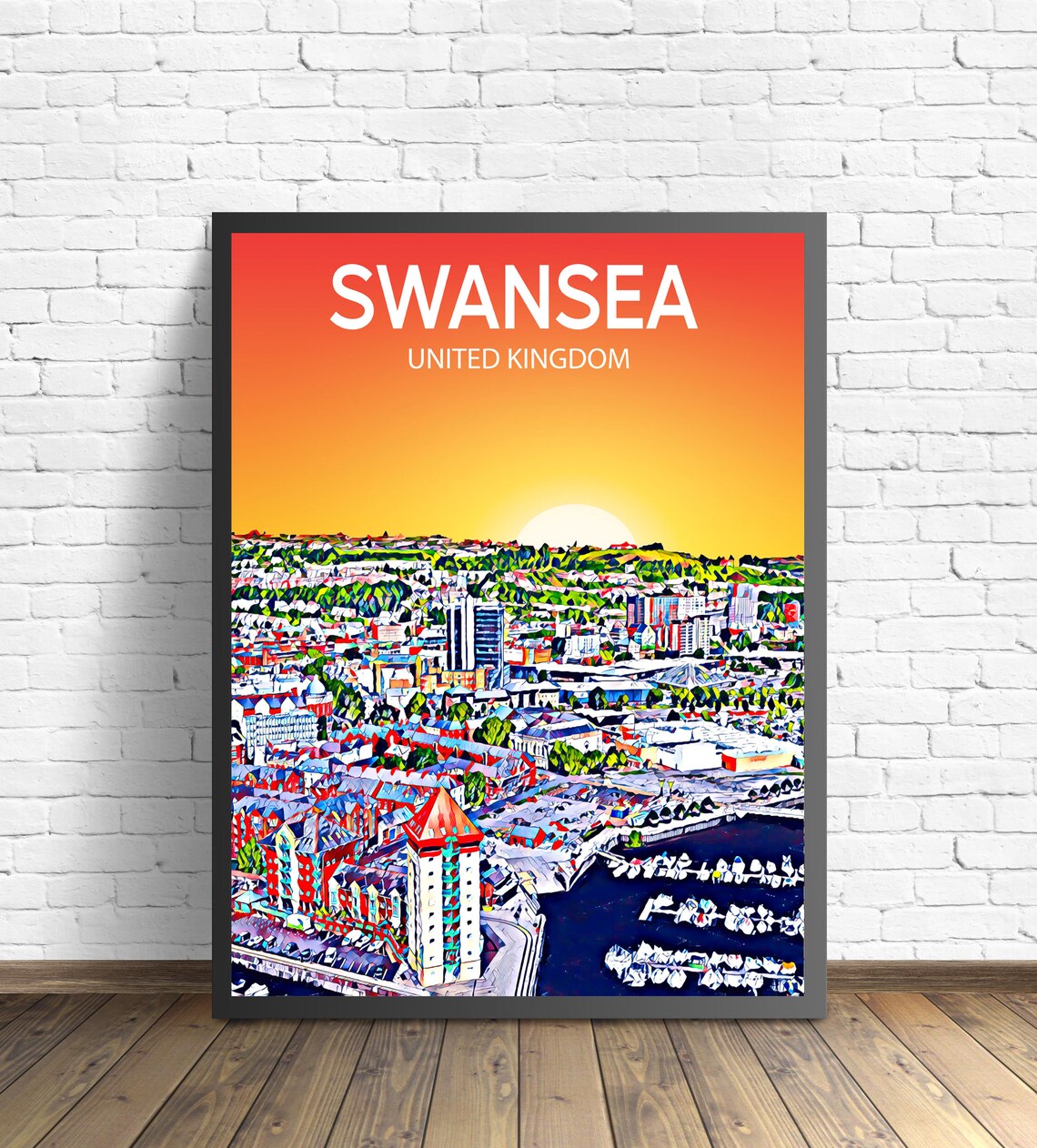Swansea Wales Sunset Marina Waterfront Sailboats Skyline Art Poster