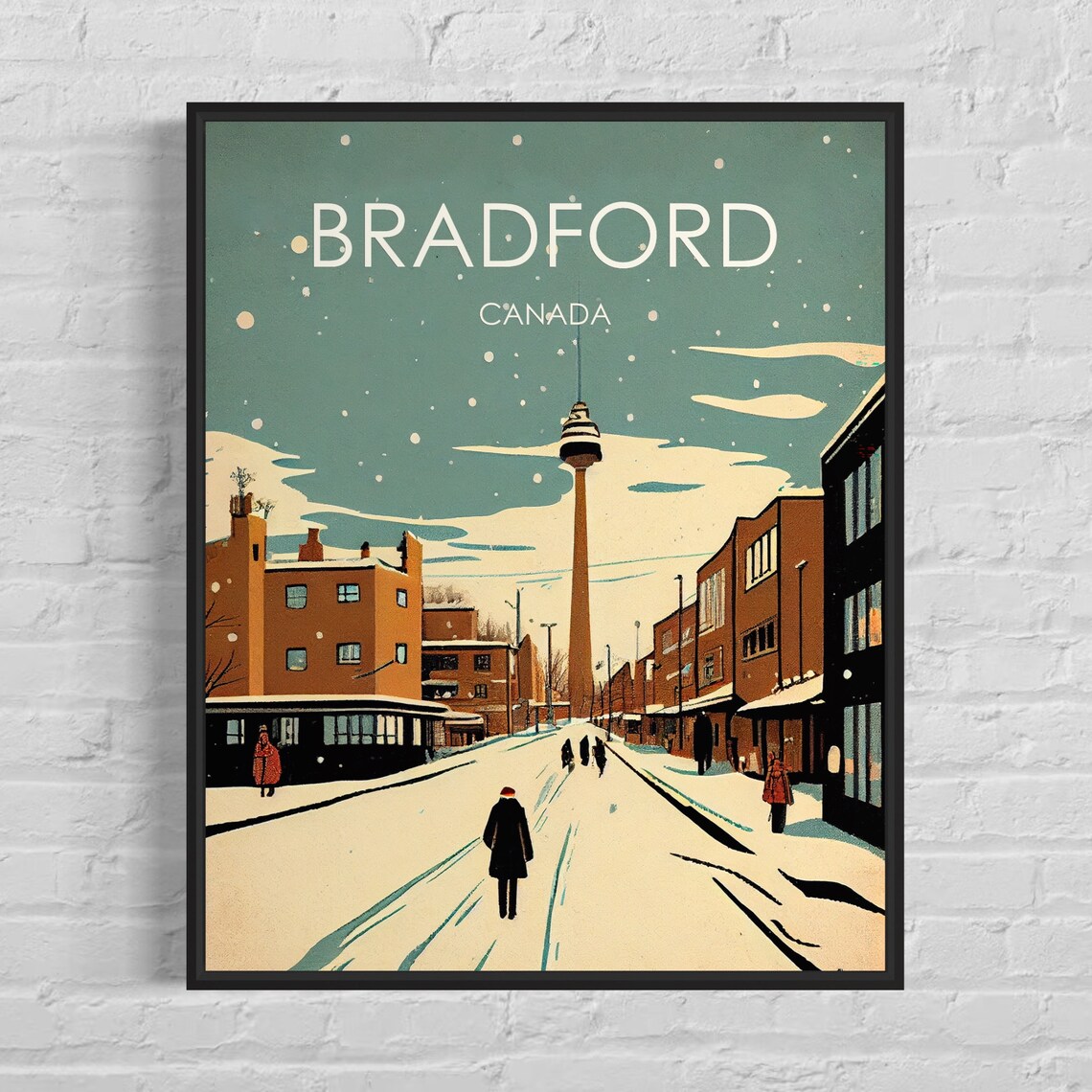Bradford Canada Snowy Main Street Tower Winter Vintage Scene Poster