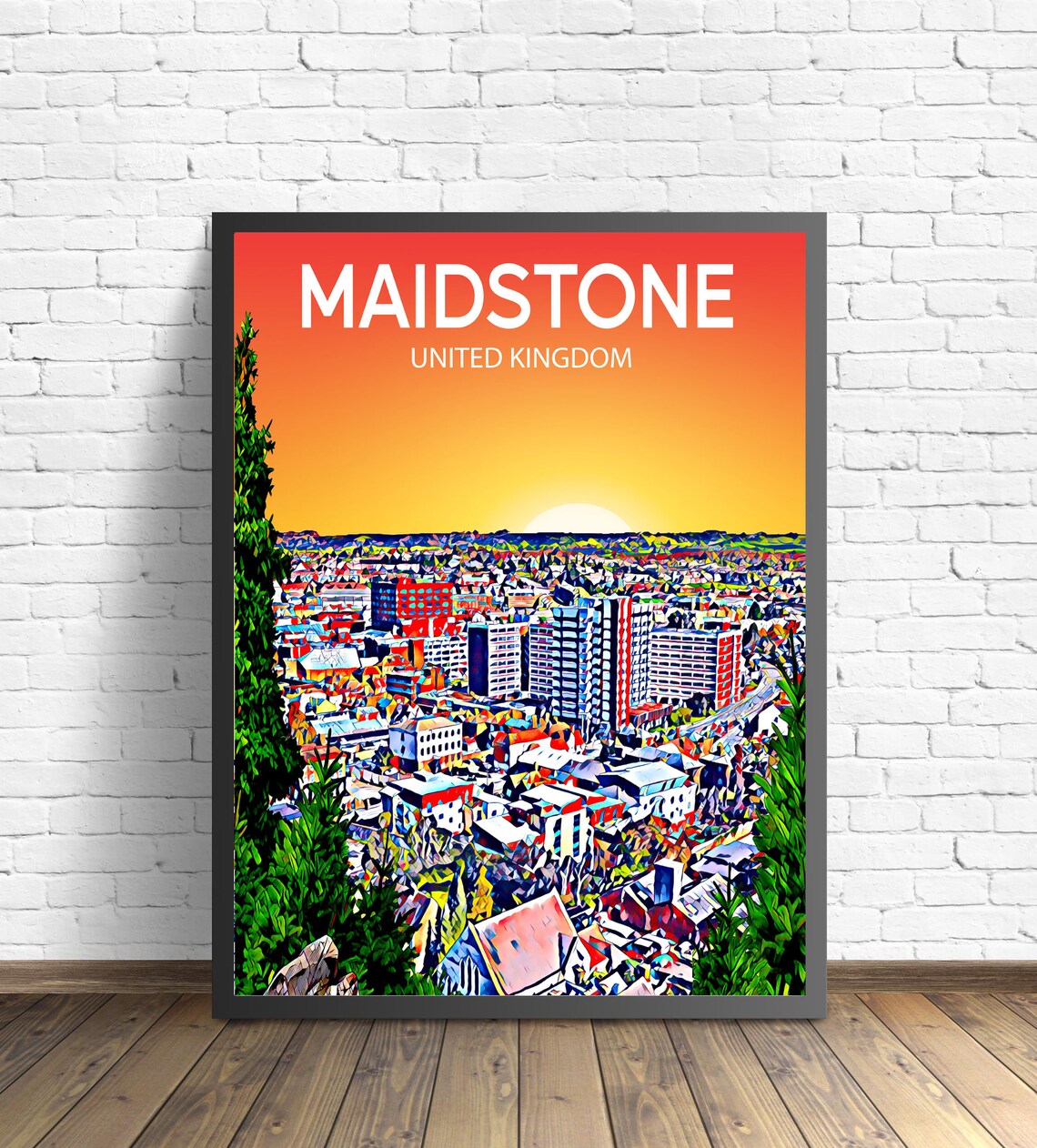 Maidstone England Kent Town Golden Sunset Skyline Travel Poster
