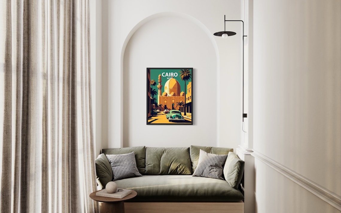 Cairo Egypt Mosque Domes and Classic Cars Street Scene Travel Poster - Image 2