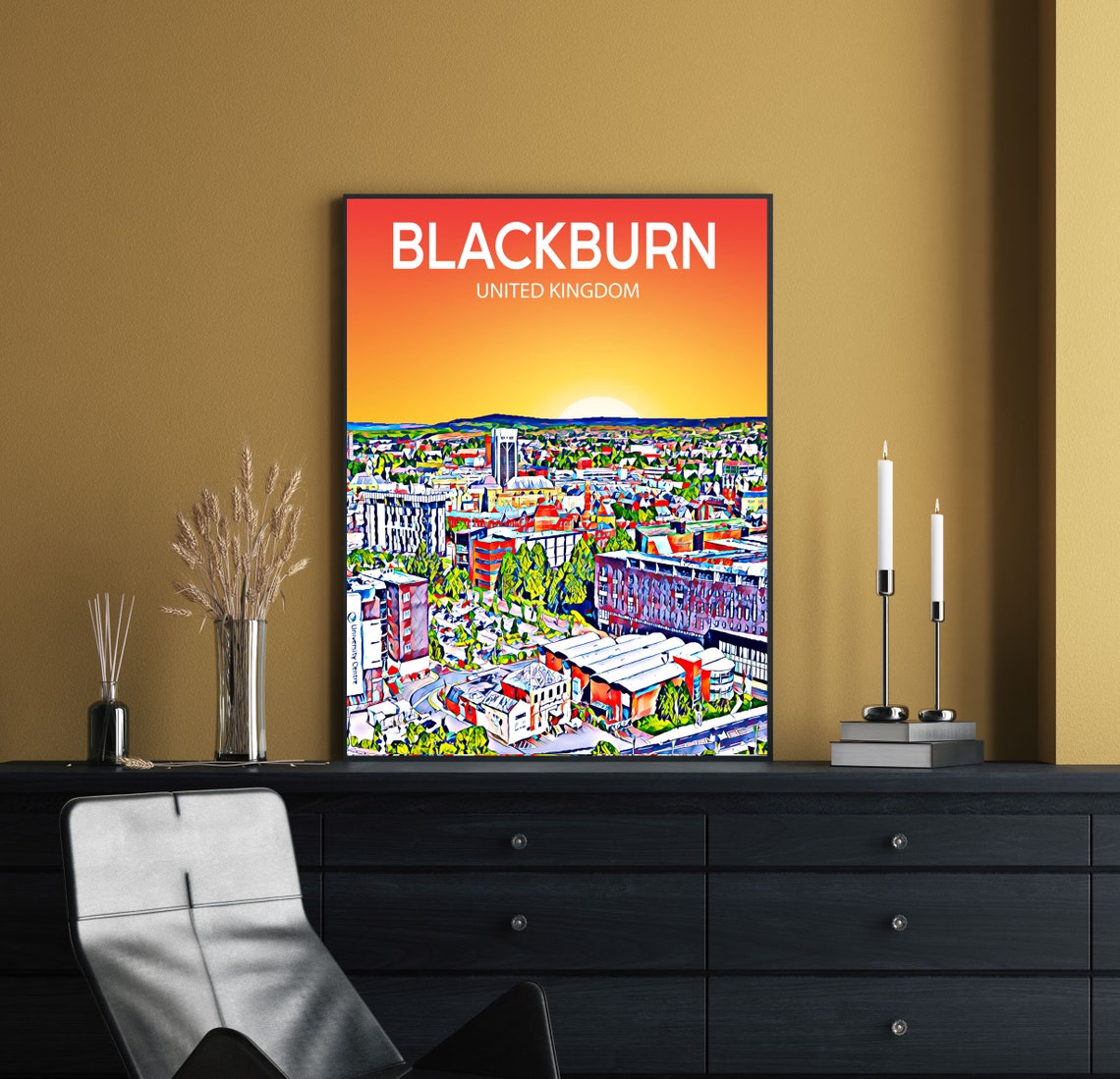 Blackburn United Kingdom Sunset Skyline Art Travel Poster Gift - Image 2