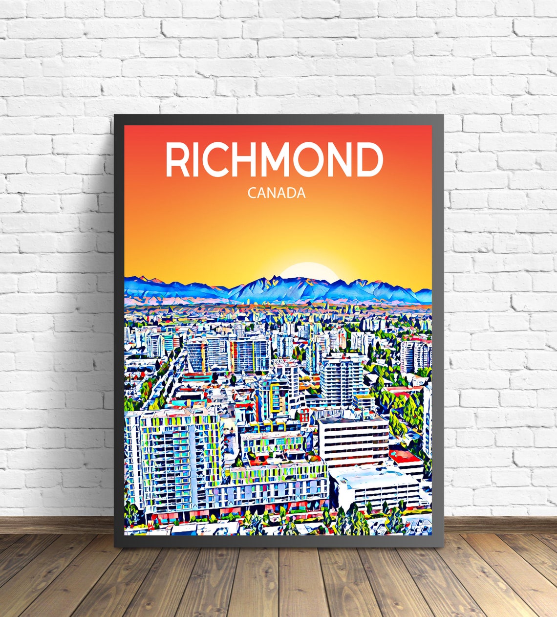 Richmond Canada Sunset Skyline Snowy Mountain Backdrop Art Poster