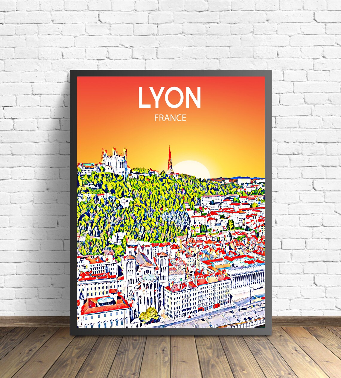 Lyon France Fourviere Basilica Hill Golden Sunset Skyline Art Poster