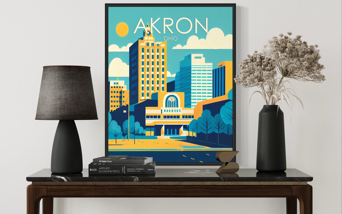 Akron Ohio Retro Downtown Skyline Golden Morning Sun Tower Poster - Image 3