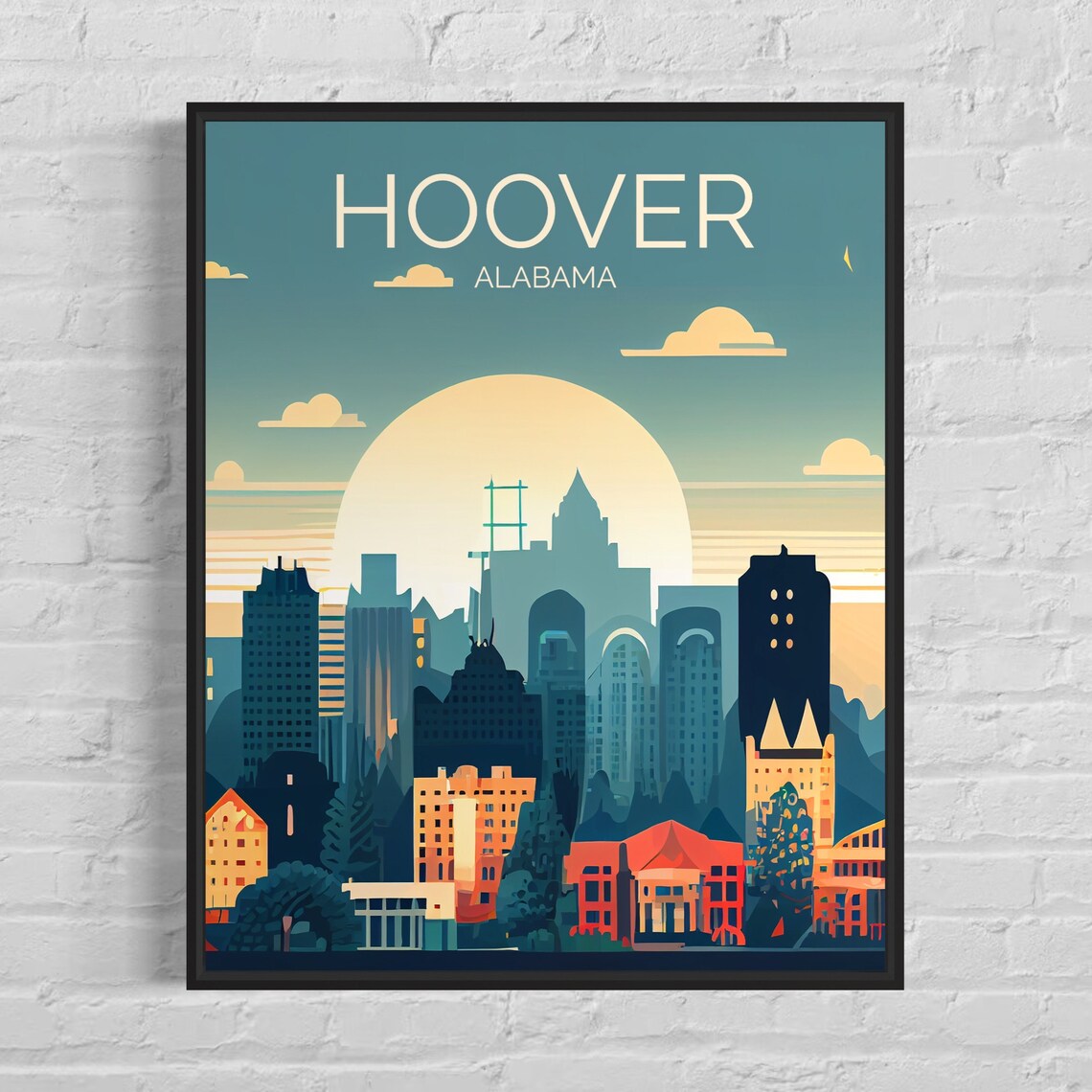 Hoover Alabama Glowing Sunset Skyline Retro Cityscape Travel Poster