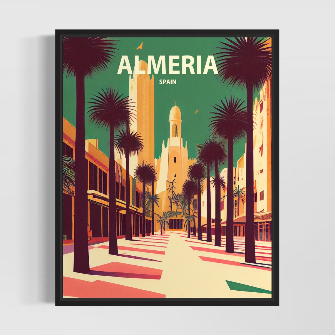 Almeria Spain Palm Boulevard Moorish Towers Retro Travel Poster