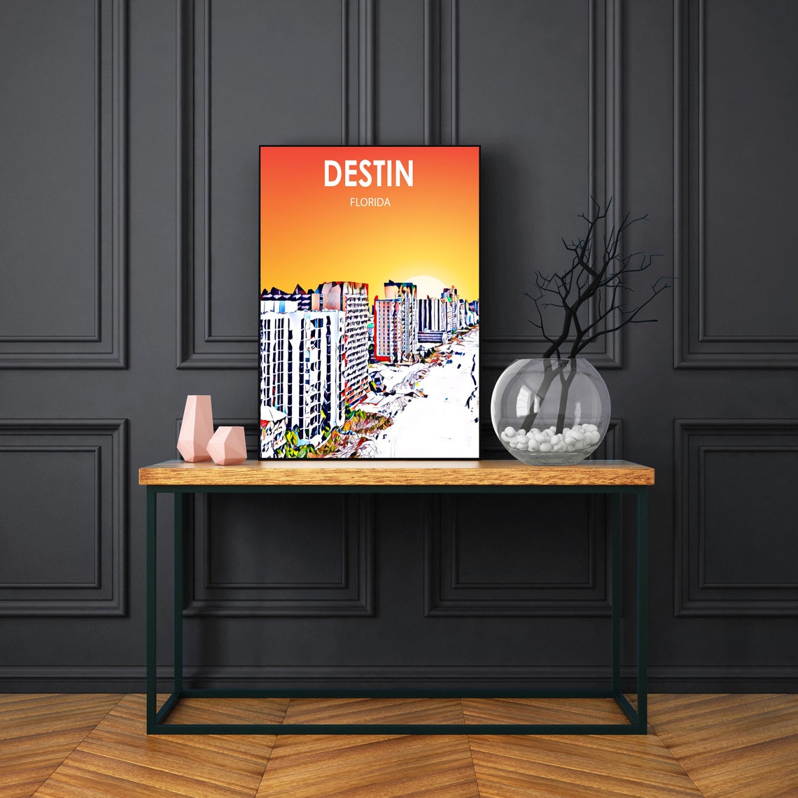 Destin Florida Sunset Beachfront Towers Colorful Skyline Poster - Image 3