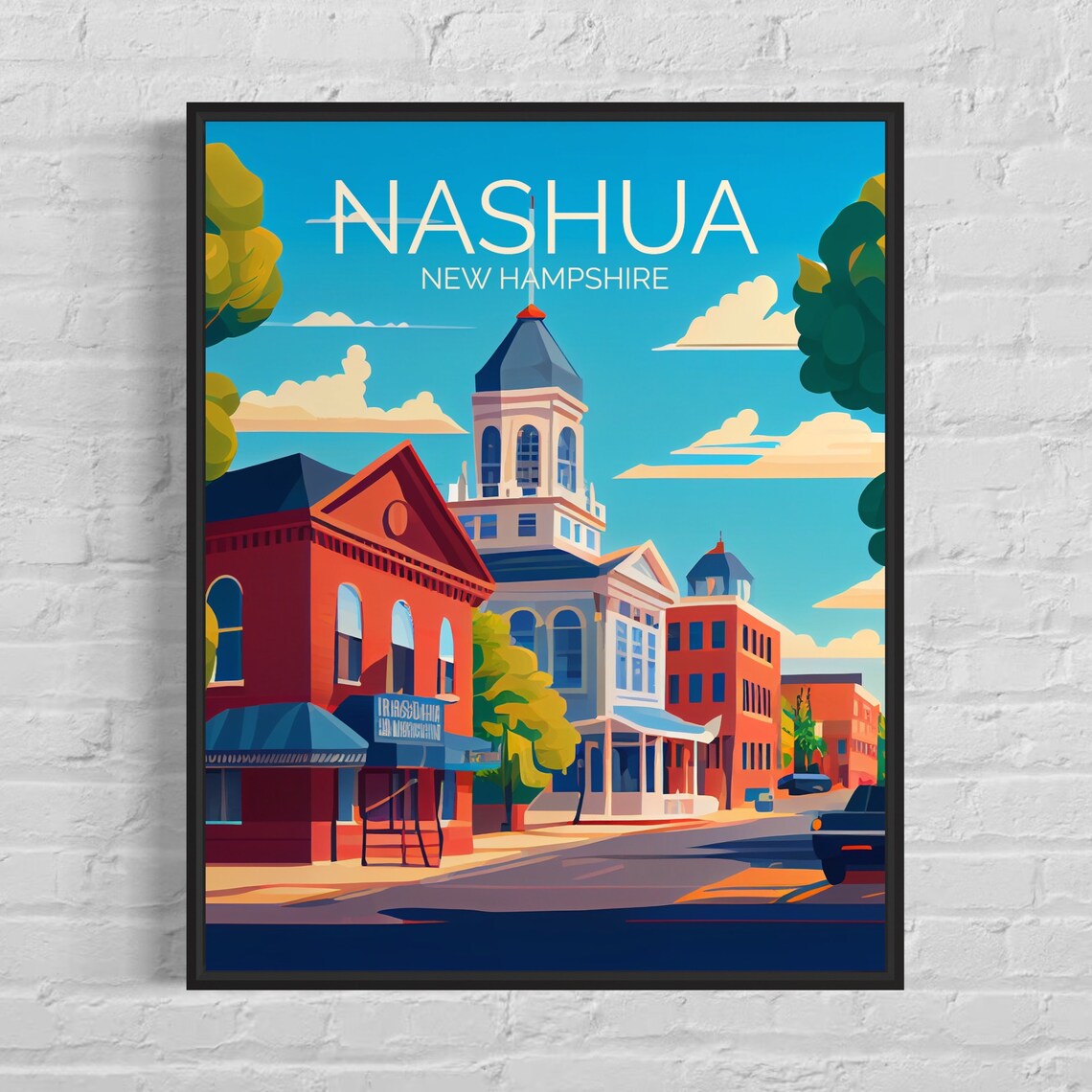 Nashua New Hampshire Retro Downtown Street Vintage Travel Poster
