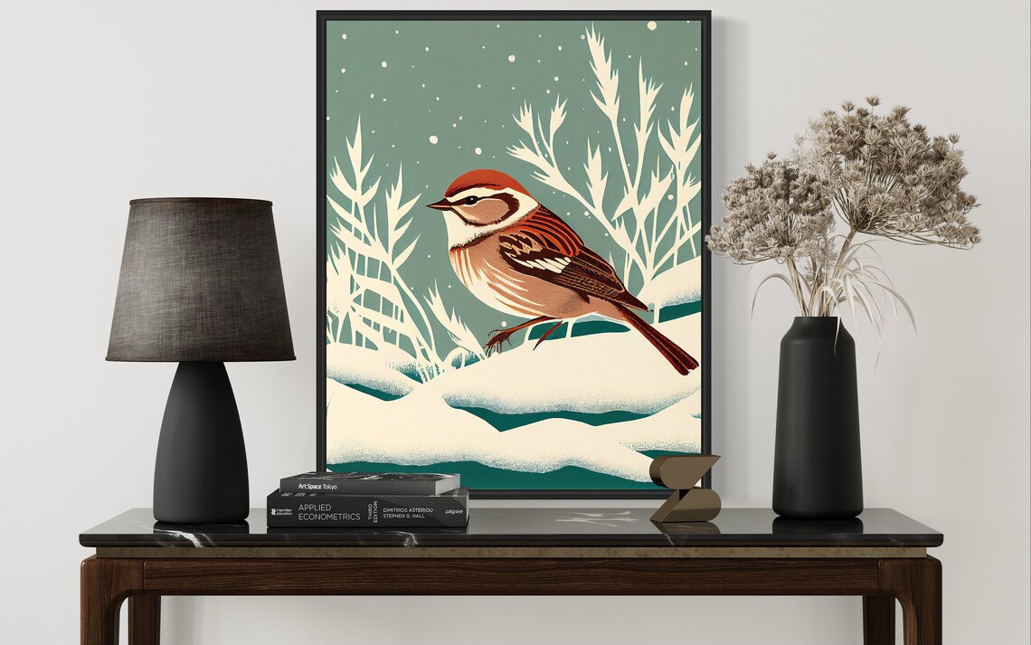 Charming Winter Sparrow in Falling Snow Vintage Bird Art Poster - Image 3