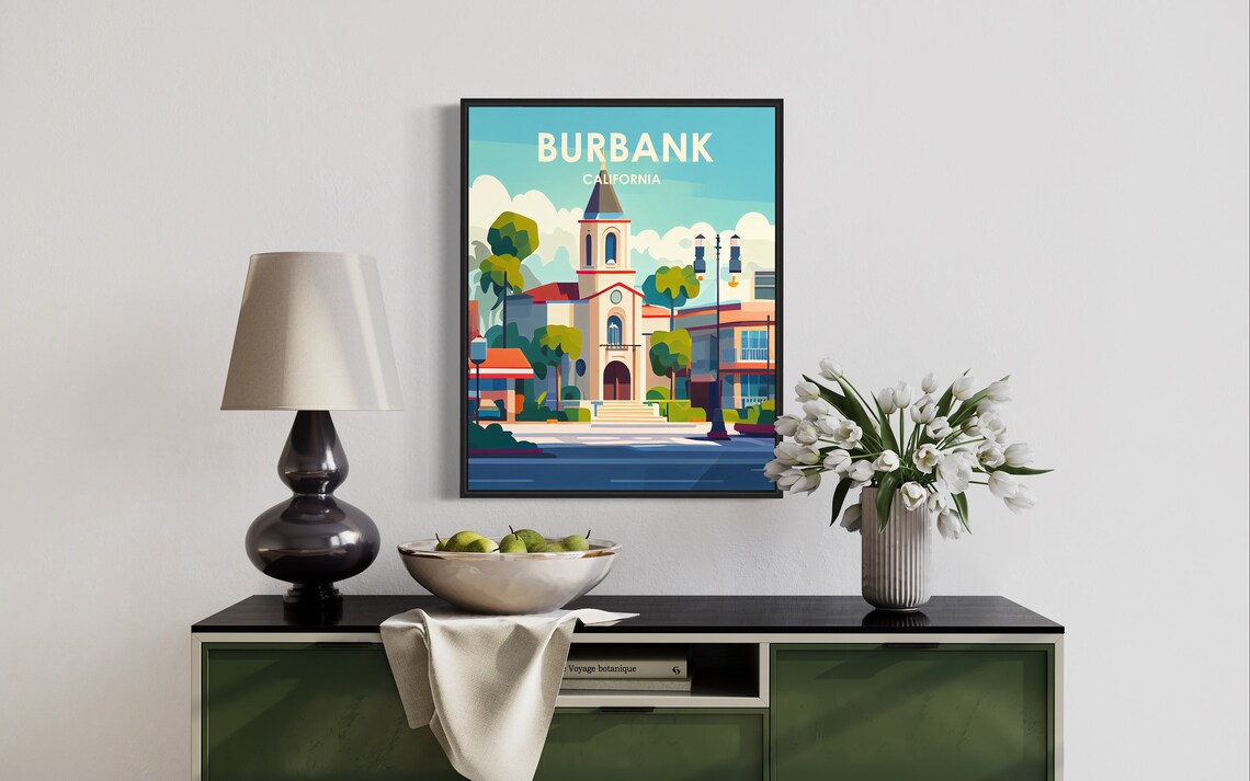 Burbank California Retro Bell Tower Mission Street Scene Poster - Image 2