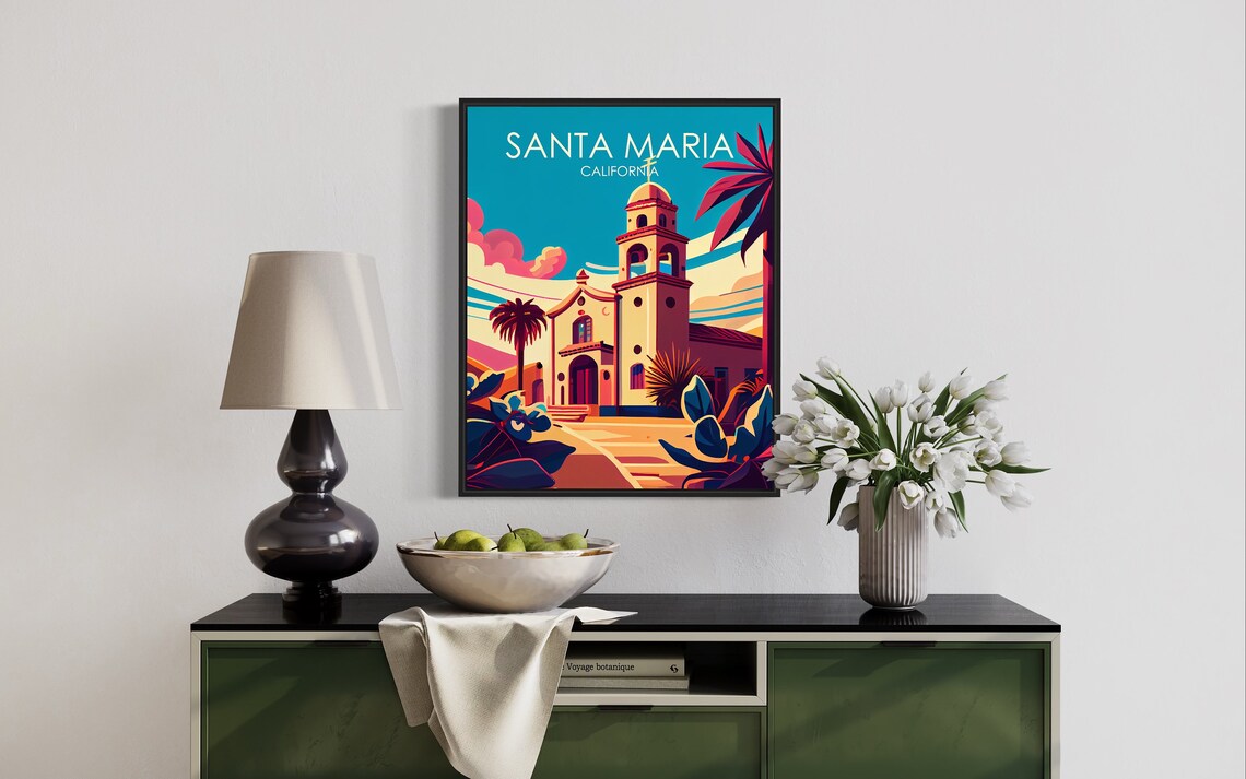 Santa Maria California Mission Style Church Sunset Retro Travel Poster - Image 2