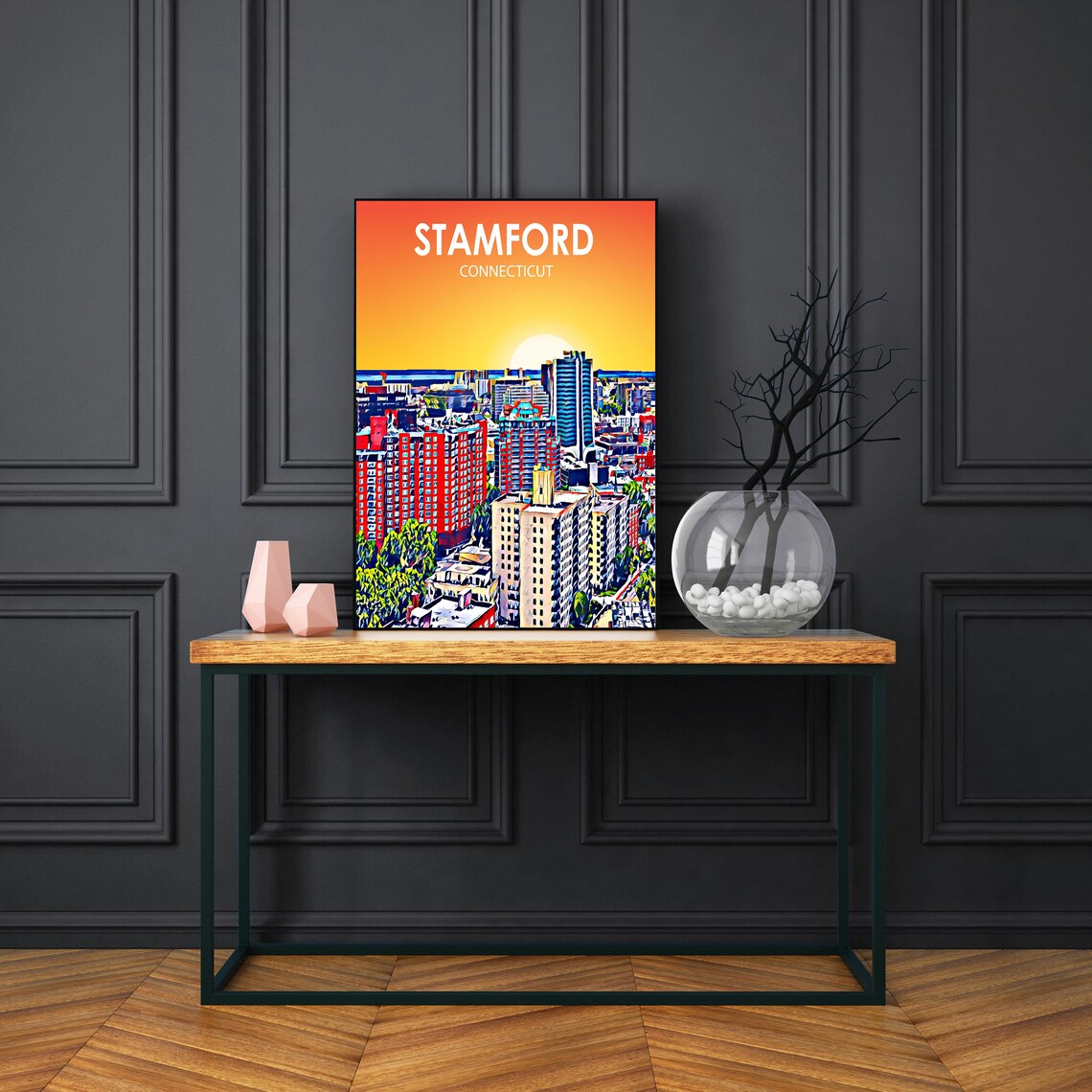 Stamford Connecticut Sunset Downtown Skyline Painted Artwork Poster - Image 3