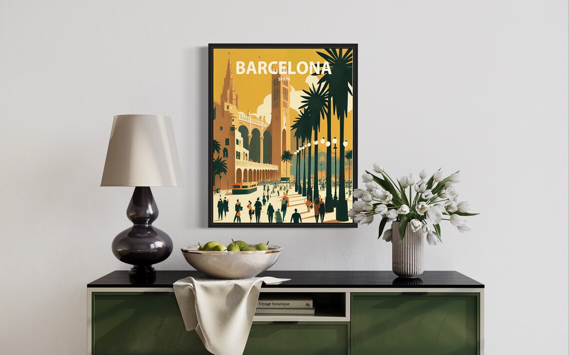 Barcelona Spain Retro Poster with Palms and Grand Cathedral Tower - Image 3