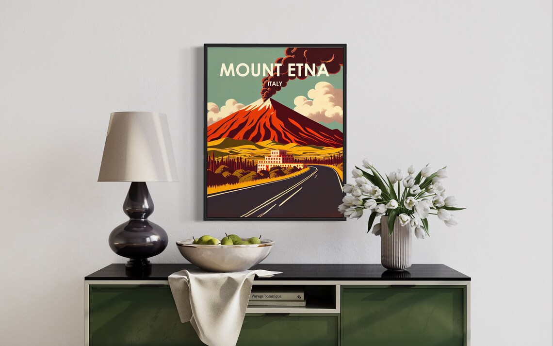 Mount Etna Italy Smoking Volcano Roadside Vintage Travel Poster - Image 3
