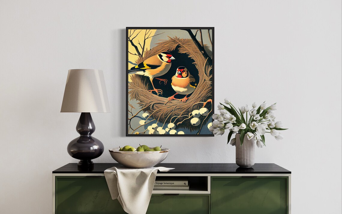 European Goldfinch Pair Guarding Their Nest Vintage Bird Art Print - Image 3
