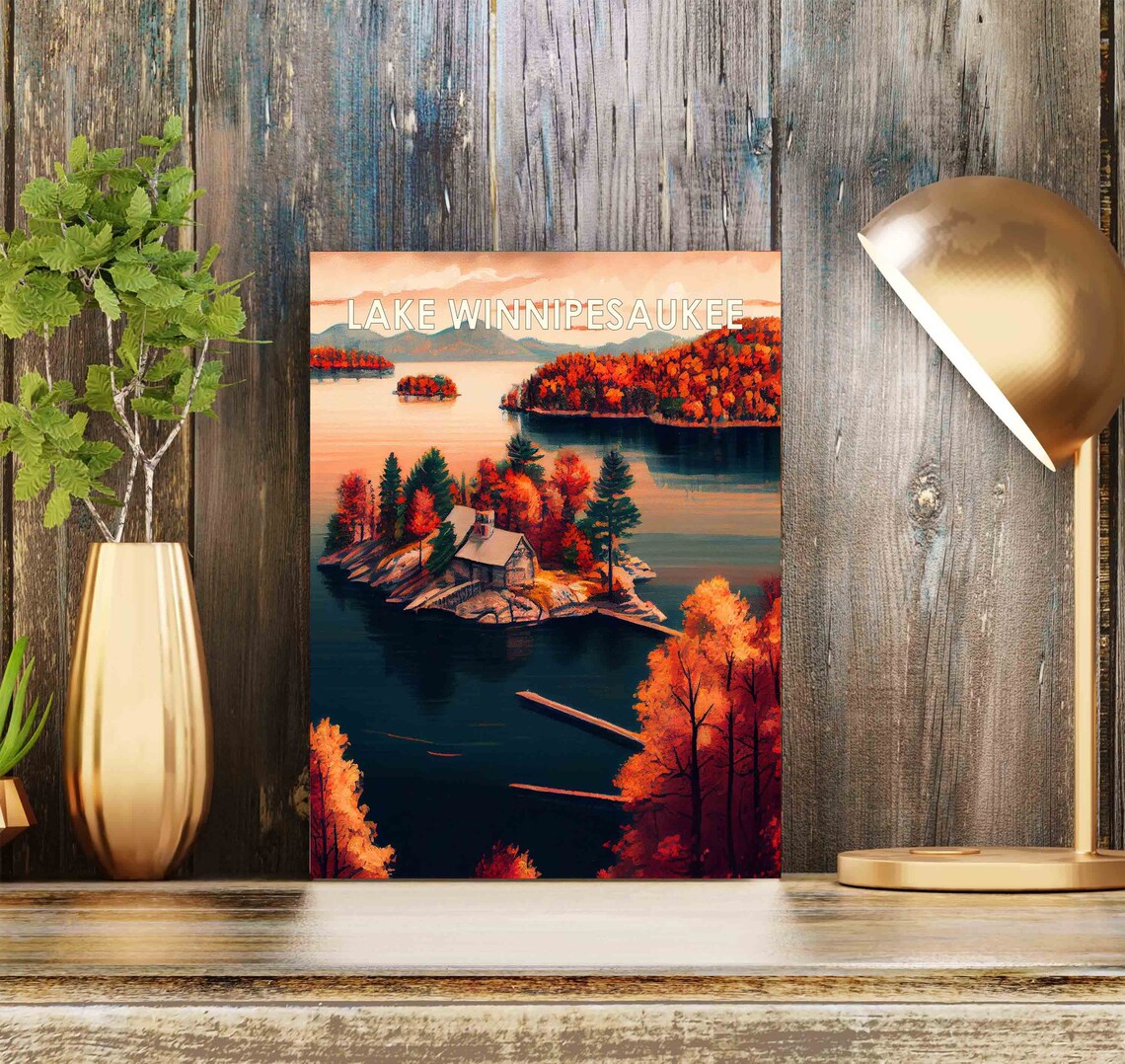 Lake Winnipesaukee Autumn Foliage Lakeside Cabin Travel Poster - Image 2