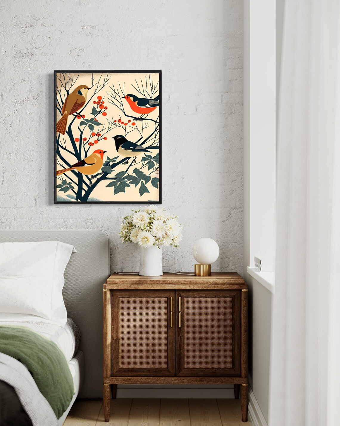 Finches Woodblock Style Four Songbirds Berry Branches Art Poster - Image 3