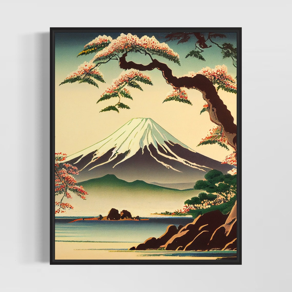 Mount Fuji Snowcapped Peak Cherry Blossoms Vintage Japanese Poster