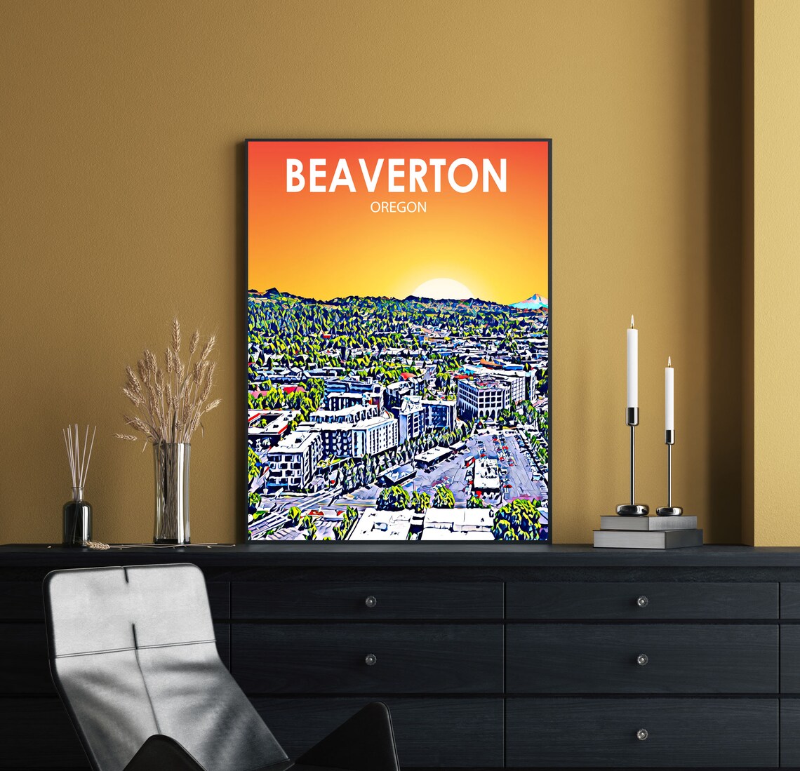 Beaverton Oregon Sunset Aerial City View Colorful Skyline Art Poster - Image 2