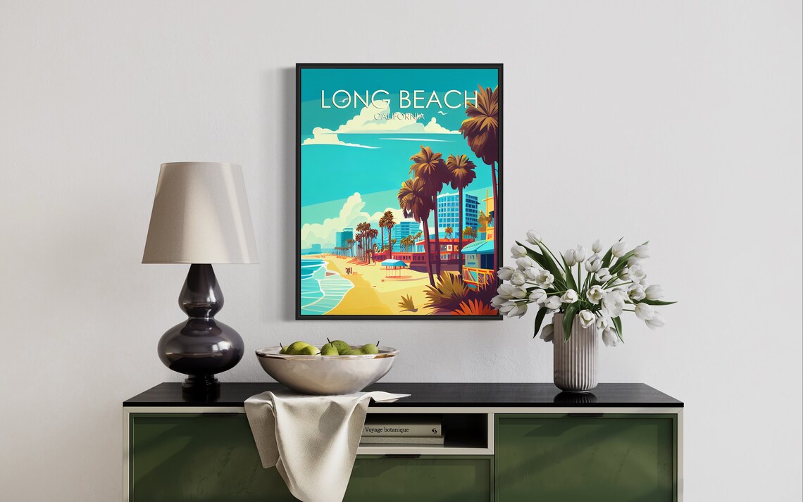 Long Beach California Retro Beachfront Palm Vintage Travel Poster - Image 3