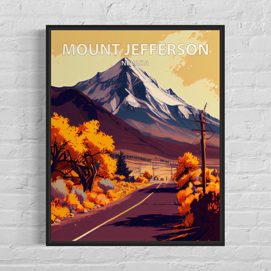 Mount Jefferson Nevada Snowy Summit Autumn Road Retro Travel Poster